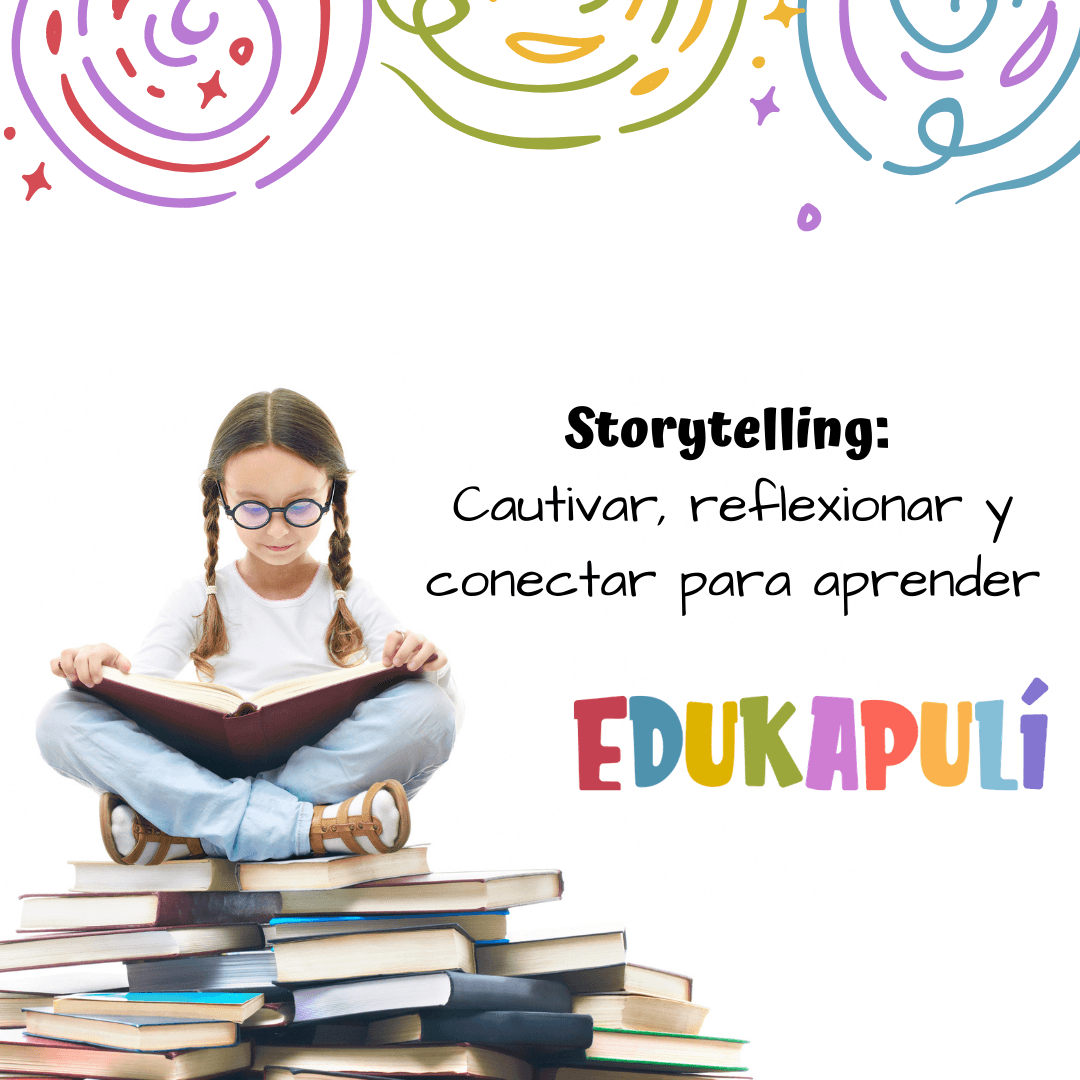 niña sentada sobre libros leyendo un libro que lleva en sus manos