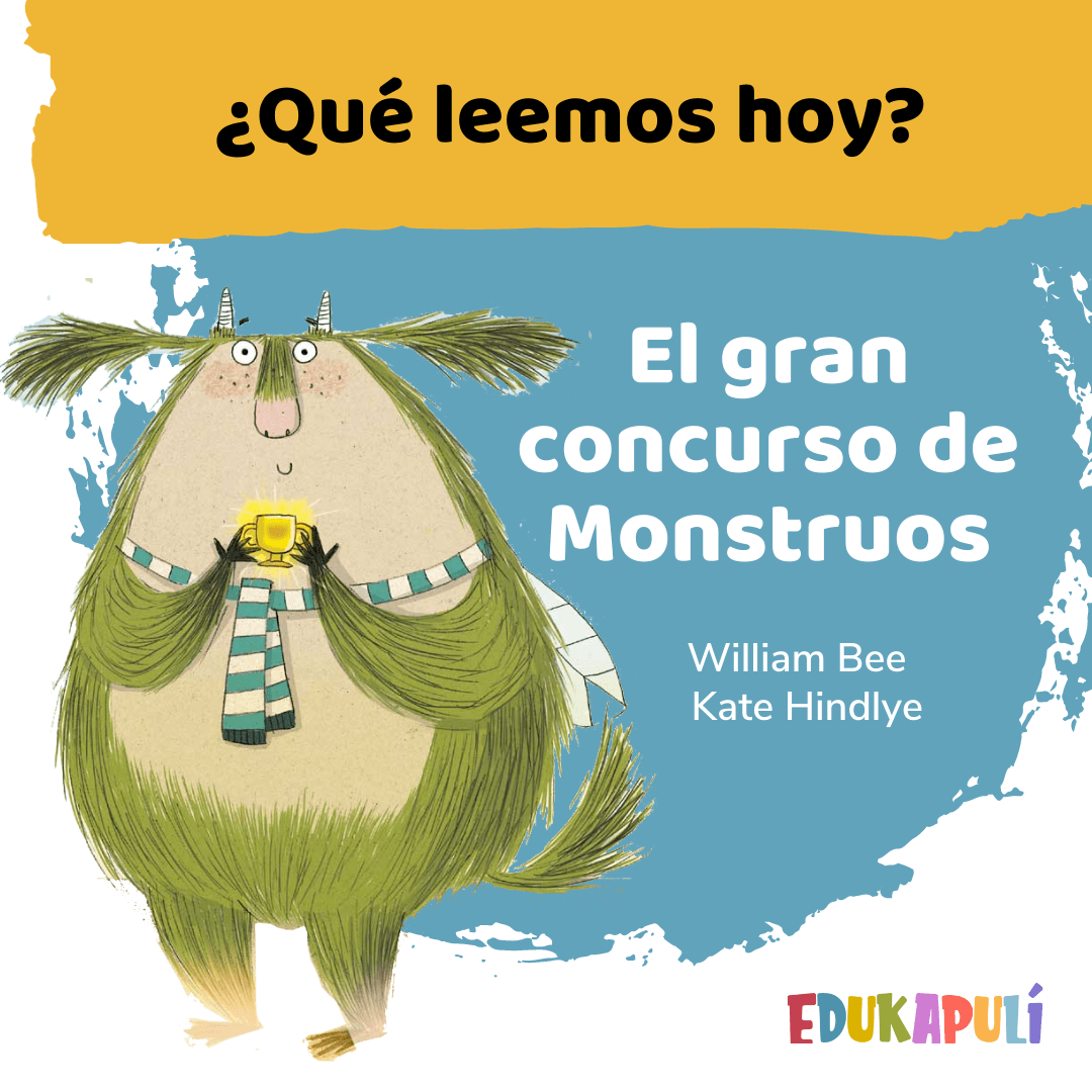 ilustración de cuento el gran concurso de monstruos monstruo verde grande sujetando un pequeño trofeo